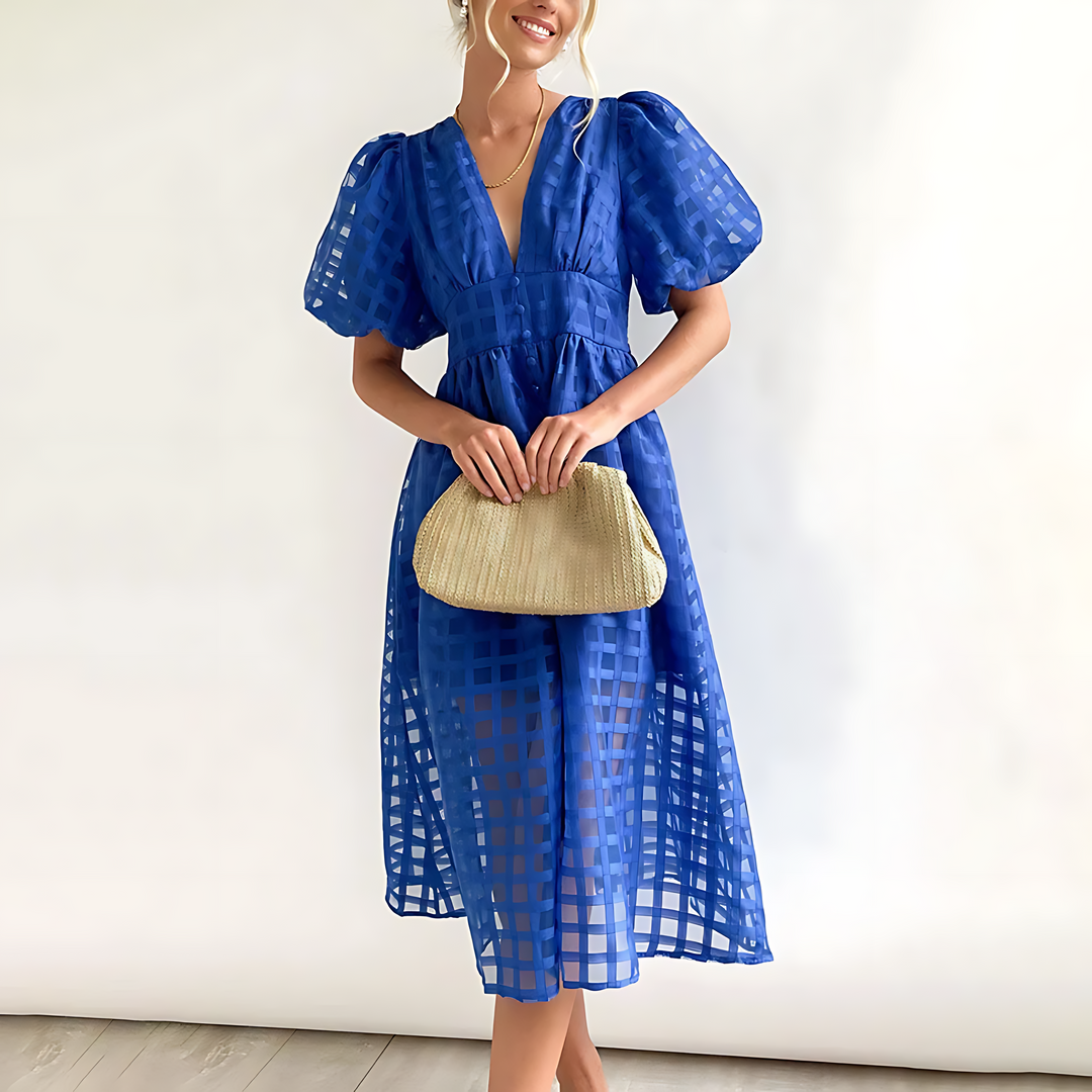 Elowen™ | Vintage-Inspired Midi Dress with Puff Sleeves