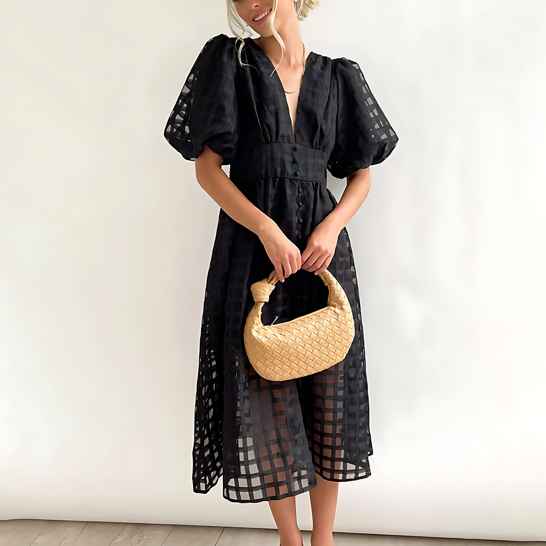 Elowen™ | Vintage-Inspired Midi Dress with Puff Sleeves
