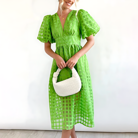 Elowen™ | Vintage-Inspired Midi Dress with Puff Sleeves