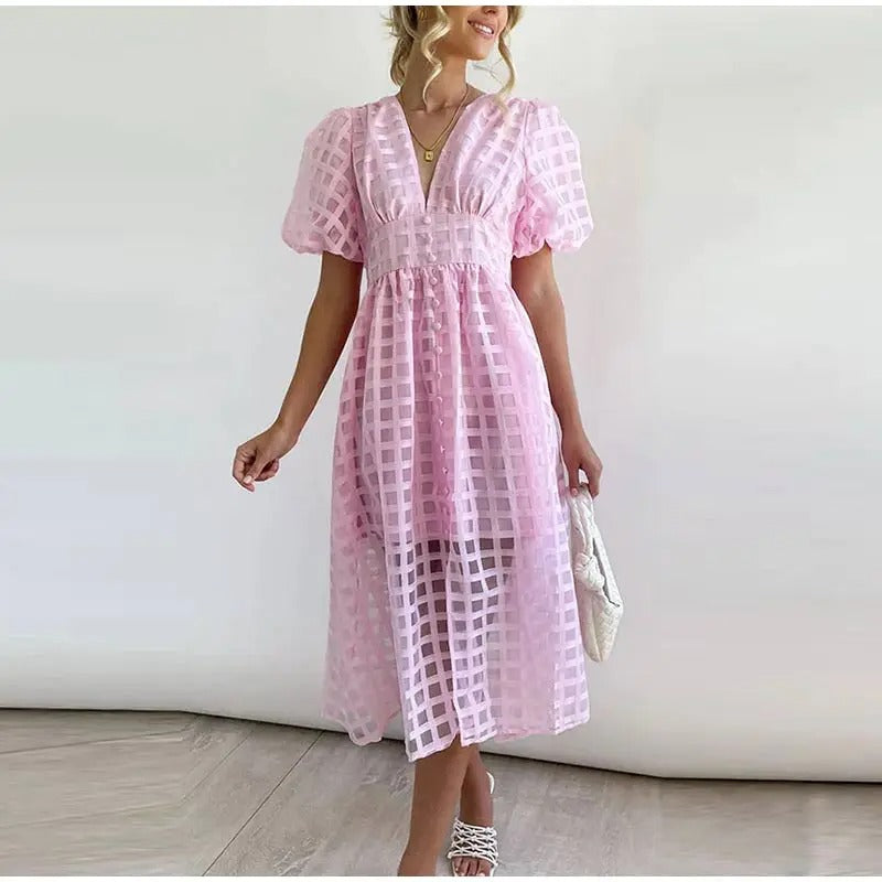 Elowen™ | Vintage-Inspired Midi Dress with Puff Sleeves